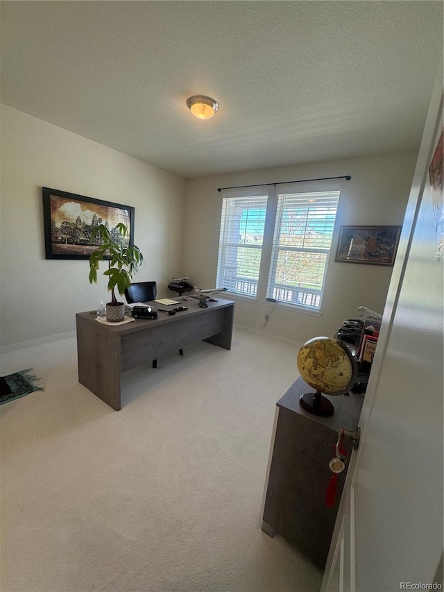 office area featuring carpet, a textured ceiling, and baseboards