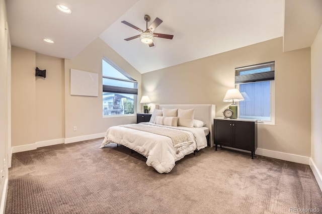 2442 S Bannock St, Denver, CO 80223 - bedroom with carpet floors, baseboards, lofted ceiling, a ceiling fan, and recessed lighting