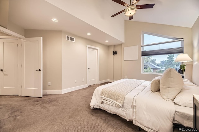 2442 S Bannock St, Denver, CO 80223 - bedroom featuring carpet flooring, recessed lighting, baseboards, ceiling fan, and high vaulted ceiling