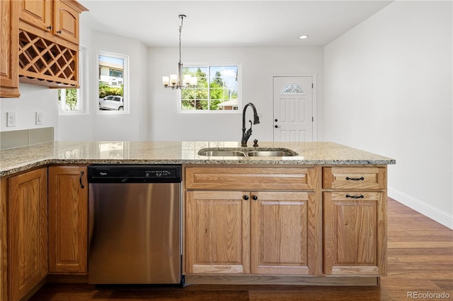 420 Sunshine Pkwy, Golden, CO 80403 - kitchen featuring stainless steel dishwasher, a sink, light stone countertops, plenty of natural light, and recessed lighting