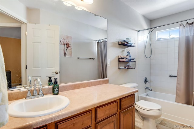 bathroom with shower / bath combo, tile patterned flooring, vanity, and toilet