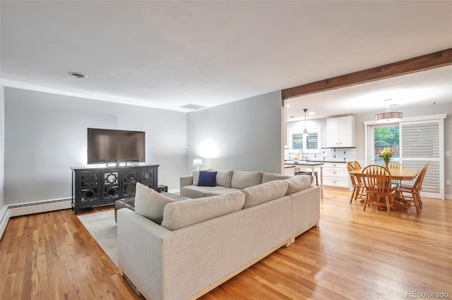 living room featuring light wood-style flooring and beamed ceiling