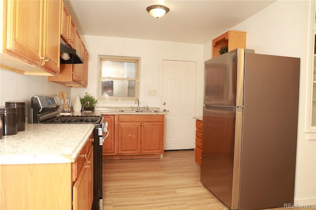 kitchen with light stone counters, stainless steel appliances, sink, and light wood-type flooring