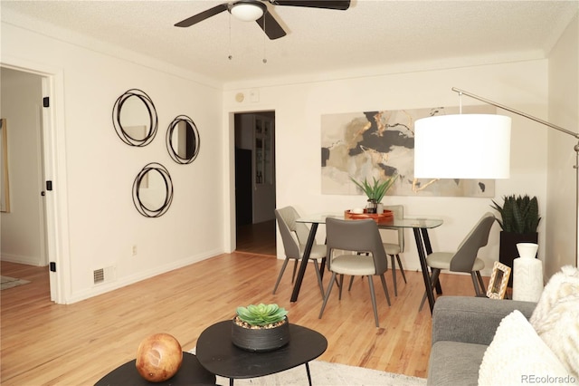 living room with ceiling fan, a textured ceiling, and light wood-type flooring