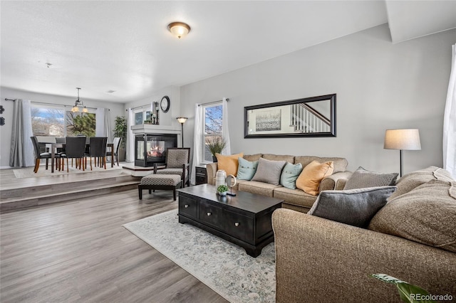 living room featuring a multi sided fireplace, plenty of natural light, and light hardwood / wood-style flooring