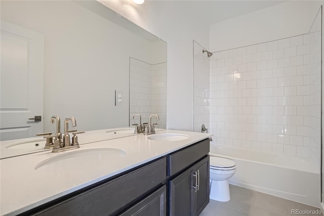 full bathroom featuring tiled shower / bath, tile patterned floors, toilet, and vanity