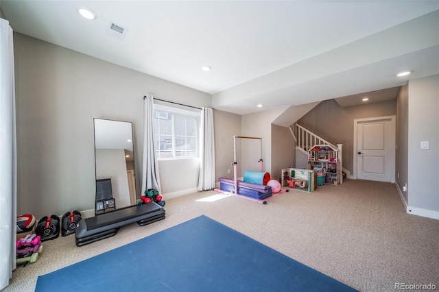 rec room featuring visible vents, baseboards, carpet, and recessed lighting