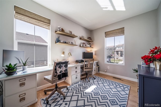 home office featuring light wood-style floors, built in study area, baseboards, and visible vents
