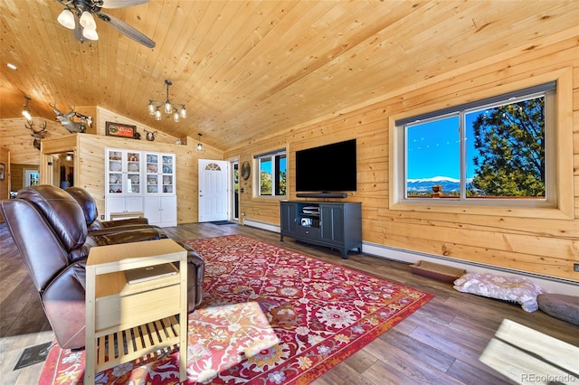 living area featuring wooden ceiling, wooden walls, wood finished floors, and vaulted ceiling