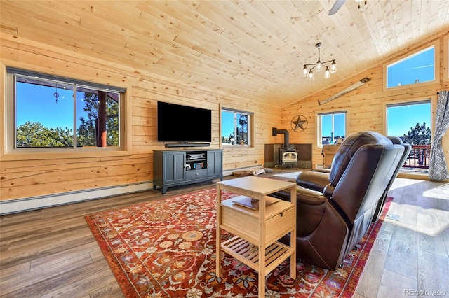 living area with plenty of natural light, wooden ceiling, a wood stove, and vaulted ceiling