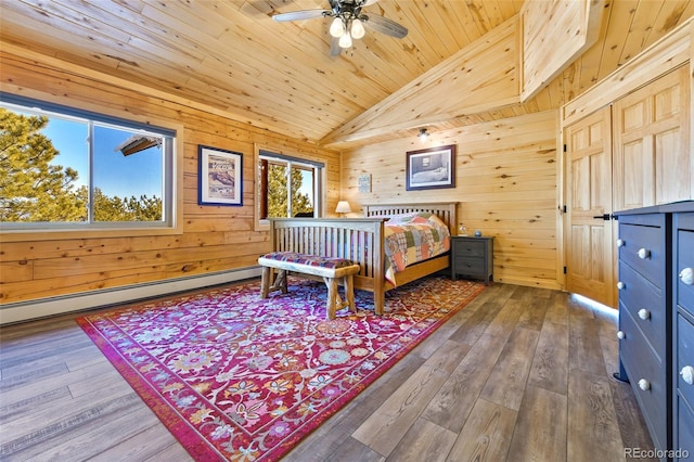 bedroom featuring wooden walls, wooden ceiling, hardwood / wood-style floors, and vaulted ceiling