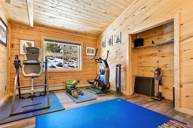 workout room with wood ceiling, wood finished floors, and wood walls