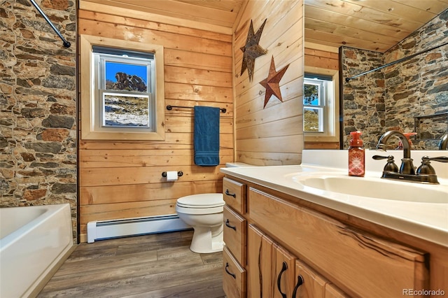 full bath featuring a baseboard heating unit, wooden ceiling, wooden walls, and wood finished floors