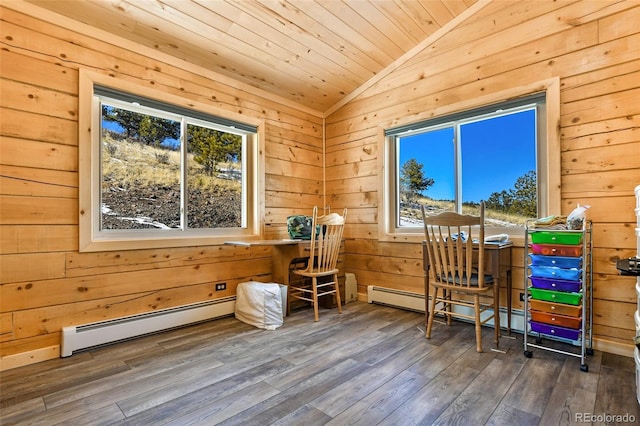 office area with a baseboard heating unit, wood finished floors, wooden walls, wood ceiling, and vaulted ceiling