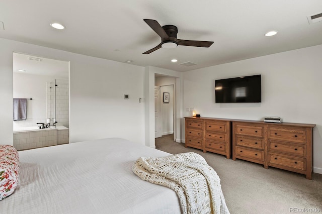 bedroom with light carpet and ceiling fan