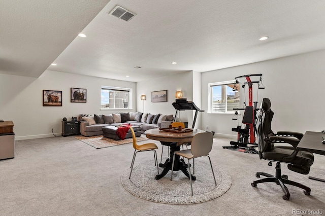 interior space with a textured ceiling, light colored carpet, and a healthy amount of sunlight