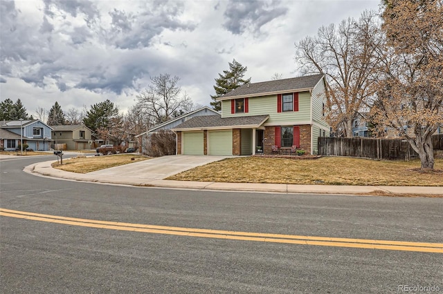 view of front of home featuring an attached garage, brick siding, fence, driveway, and a residential view