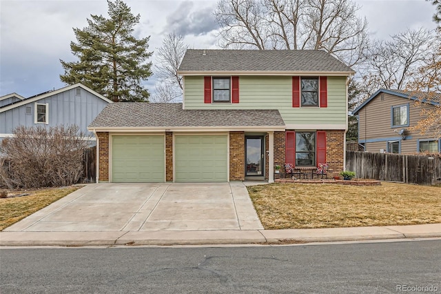 traditional home with brick siding, roof with shingles, an attached garage, fence, and driveway