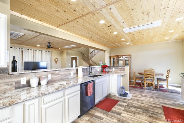 kitchen featuring wooden ceiling, dishwashing machine, light wood-style flooring, and a sink