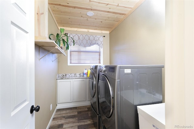 laundry room featuring cabinet space, dark wood-type flooring, washer and dryer, wooden ceiling, and baseboards