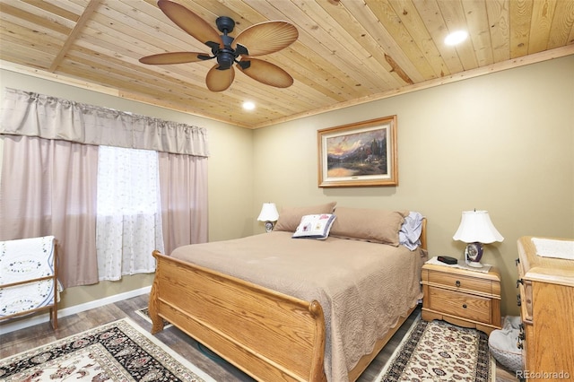 bedroom with wood ceiling, ceiling fan, wood finished floors, and recessed lighting