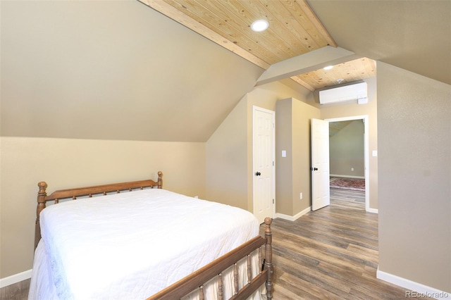 bedroom featuring wood ceiling, vaulted ceiling, wood finished floors, a wall mounted air conditioner, and baseboards