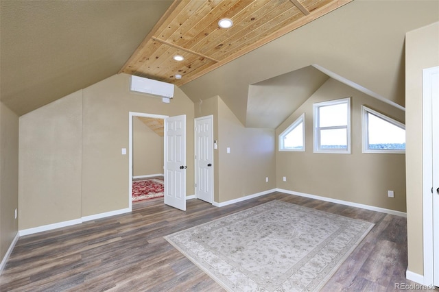 additional living space featuring lofted ceiling, recessed lighting, dark wood-type flooring, wood ceiling, and baseboards