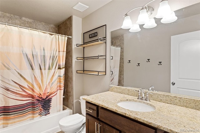 full bathroom featuring toilet, vanity, and shower / bathtub combination with curtain