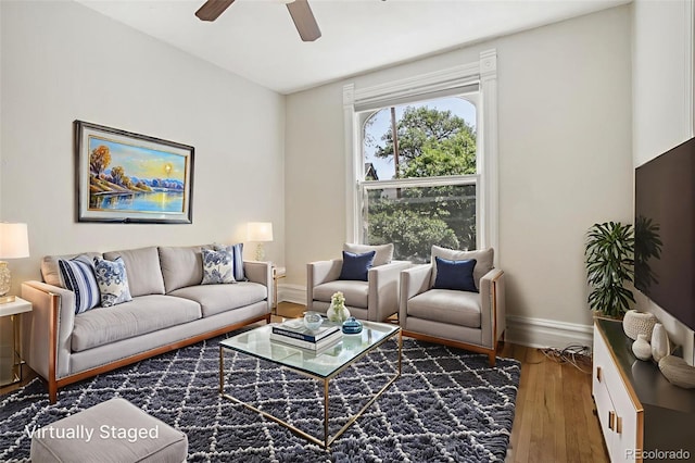 351 Bannock St, Denver, CO 80223 - living area featuring wood finished floors and ceiling fan