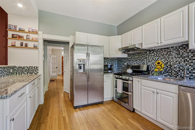 351 Bannock St, Denver, CO 80223 - kitchen with appliances with stainless steel finishes, under cabinet range hood, white cabinetry, light wood finished floors, and backsplash
