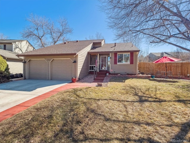 ranch-style house with a garage, a front yard, fence, and driveway