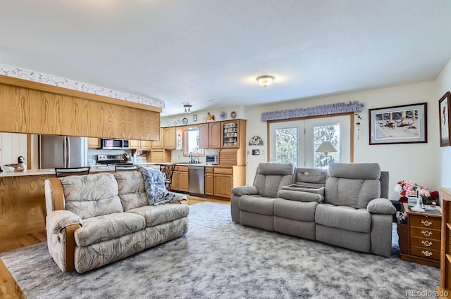 living room featuring a textured ceiling and light wood-type flooring