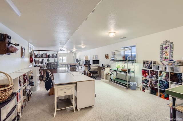 office area featuring light carpet and a textured ceiling