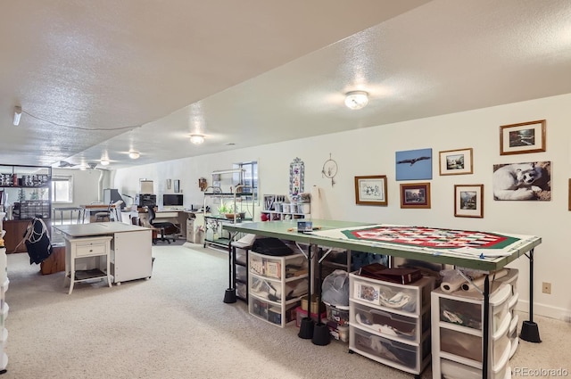 recreation room with a textured ceiling and carpet floors