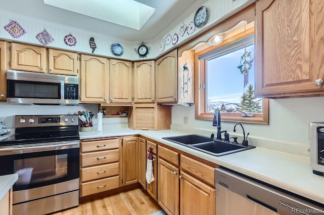 kitchen with a sink, light countertops, a skylight, and appliances with stainless steel finishes