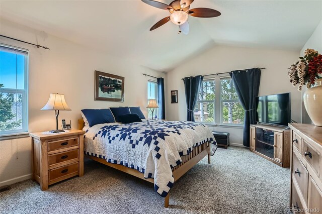 13962 Dexter Way, Thornton, CO 80602 - bedroom with lofted ceiling, light colored carpet, and a ceiling fan