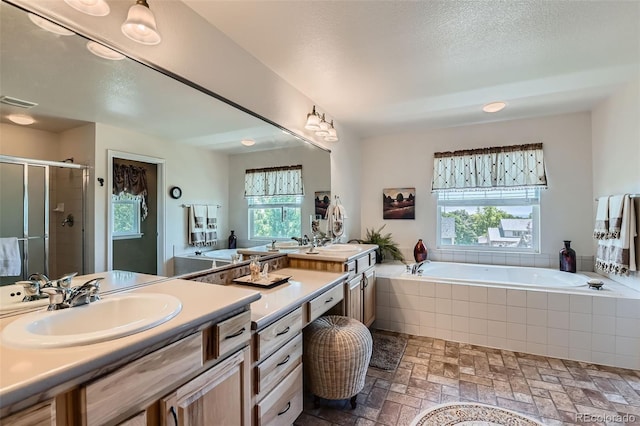 13962 Dexter Way, Thornton, CO 80602 - full bathroom featuring vanity, healthy amount of natural light, a shower stall, and a garden tub