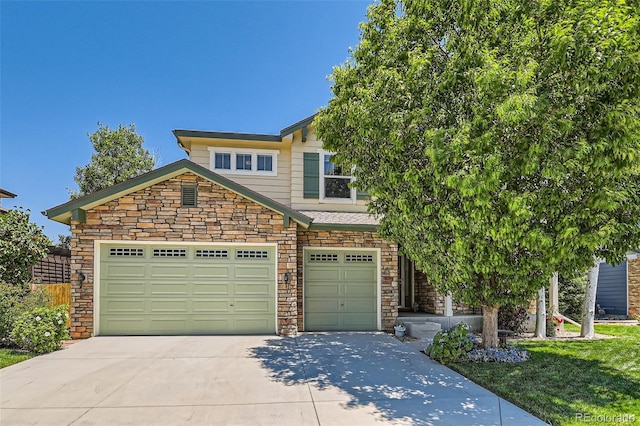 13962 Dexter Way, Thornton, CO 80602 - view of front of home with driveway, stone siding, and a front yard