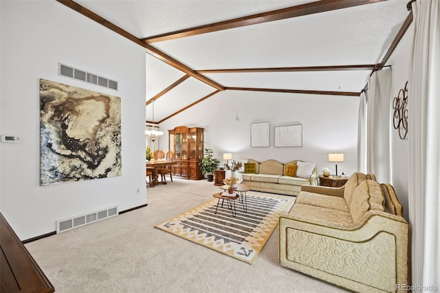 4677 S Wolff St, Denver, CO 80236 - living area featuring carpet, beamed ceiling, a chandelier, and high vaulted ceiling
