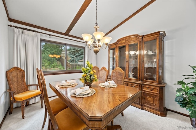4677 S Wolff St, Denver, CO 80236 - dining area featuring light colored carpet, a chandelier, beamed ceiling, and high vaulted ceiling