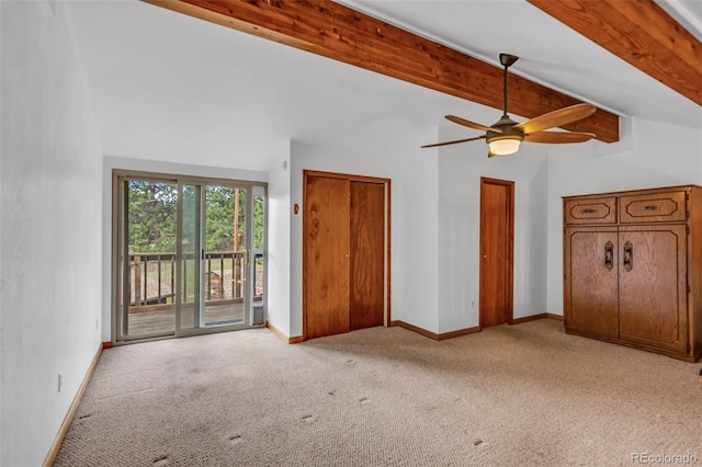 interior space with high vaulted ceiling, ceiling fan, beamed ceiling, and light carpet