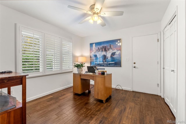 office featuring wood-type flooring, a ceiling fan, and baseboards
