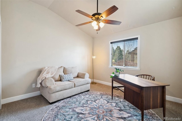 12441 Woodruff Dr, Colorado Springs, CO 80921 - home office featuring lofted ceiling, carpet flooring, ceiling fan, and baseboards