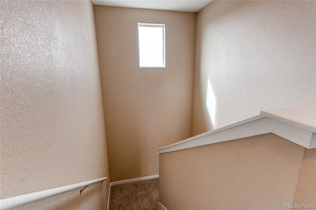 staircase with carpet floors and a textured wall