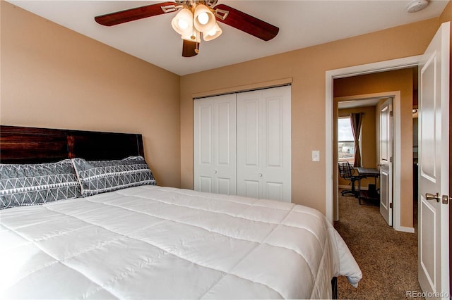 bedroom with carpet floors, a closet, ceiling fan, and baseboards