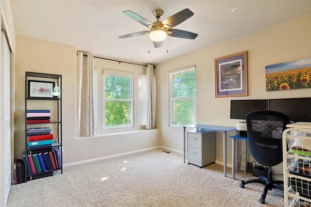 21395 E Greenwood Pl, Aurora, CO 80013 - carpeted home office with a ceiling fan and baseboards