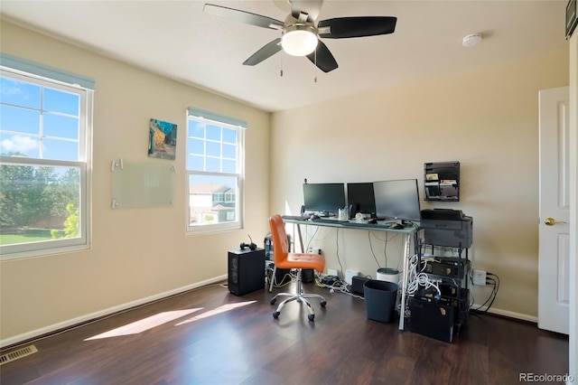 21395 E Greenwood Pl, Aurora, CO 80013 - home office featuring wood finished floors, ceiling fan, and baseboards