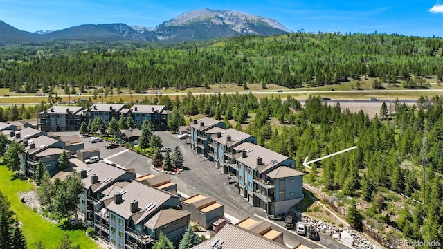 aerial view of residential area with a heavily wooded area and a mountainous background