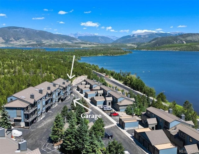 aerial view of residential area featuring a water and mountain view and a forest