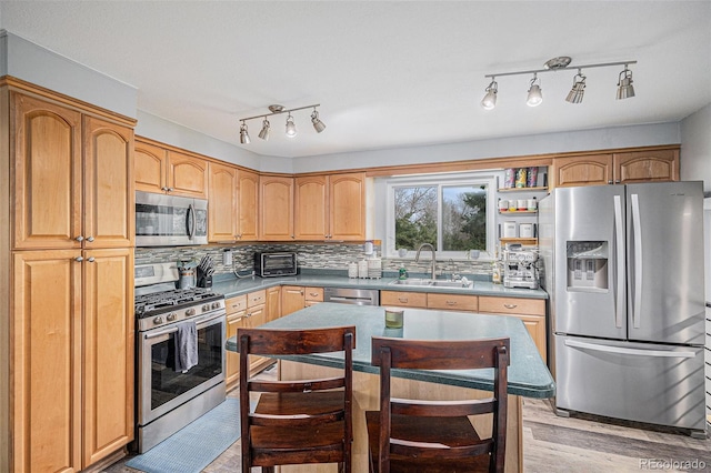 kitchen with a sink, light wood-type flooring, track lighting, stainless steel appliances, and backsplash
